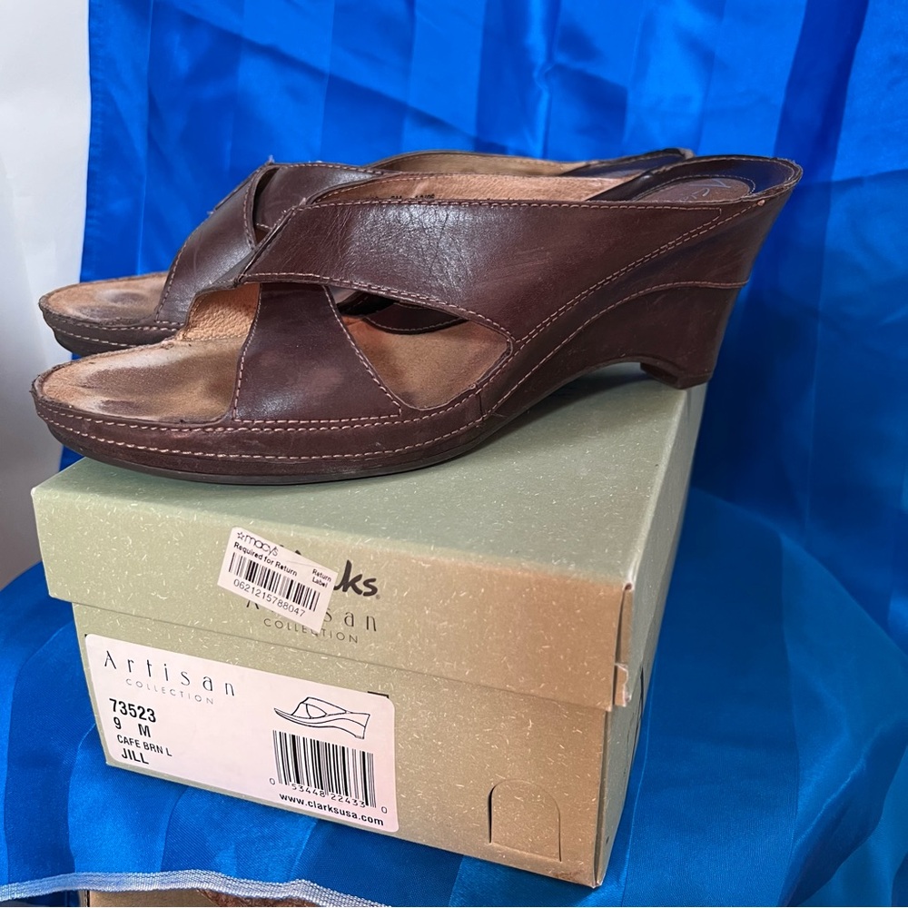 Clarks Brown Leather 3” Wedge Sandals, cushioned footbed. Sz. 9